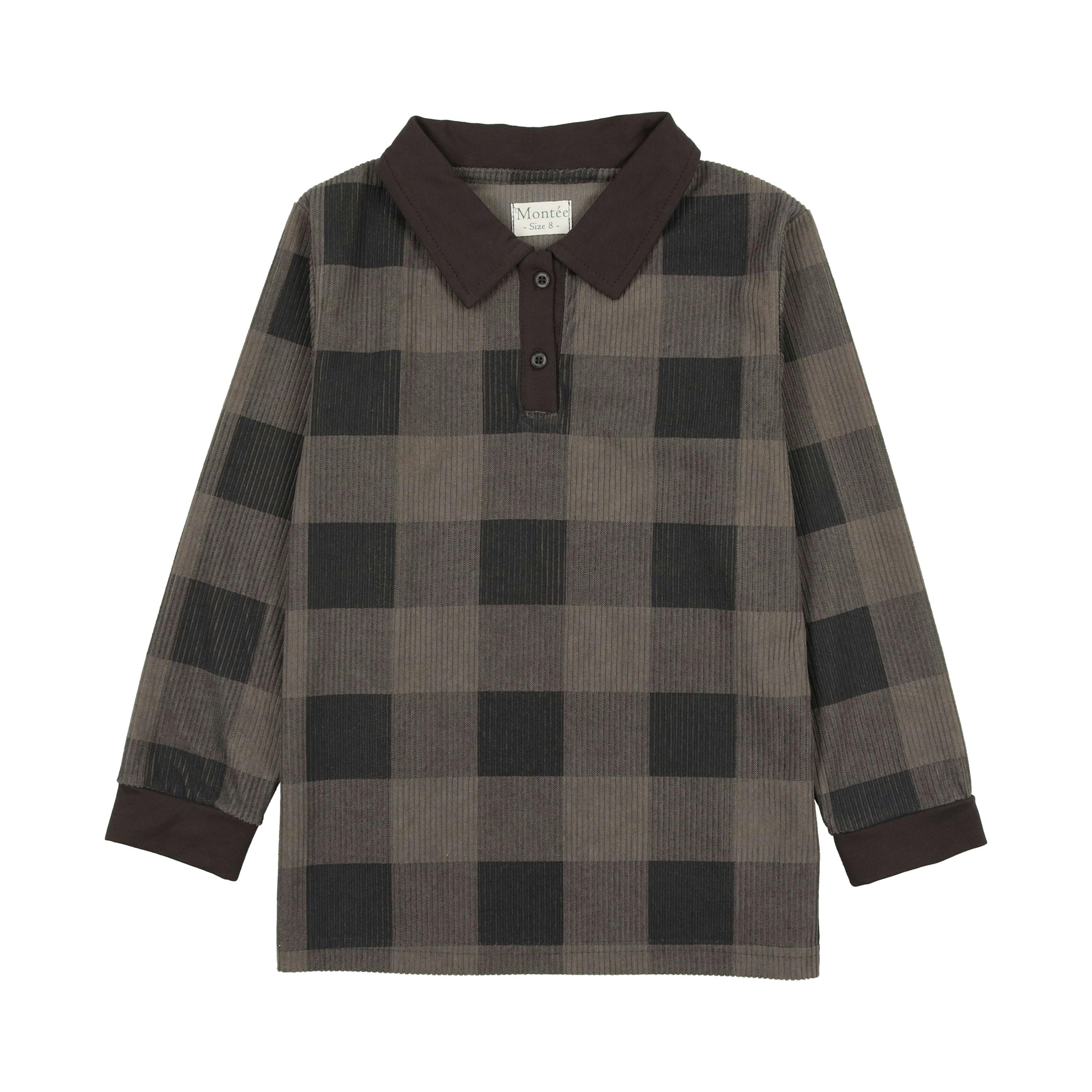 Corduroy Plaid Panel Long Sleeve Polo Shirt