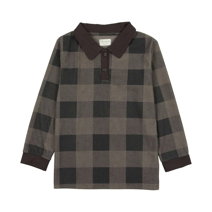 Corduroy Plaid Panel Long Sleeve Polo Shirt