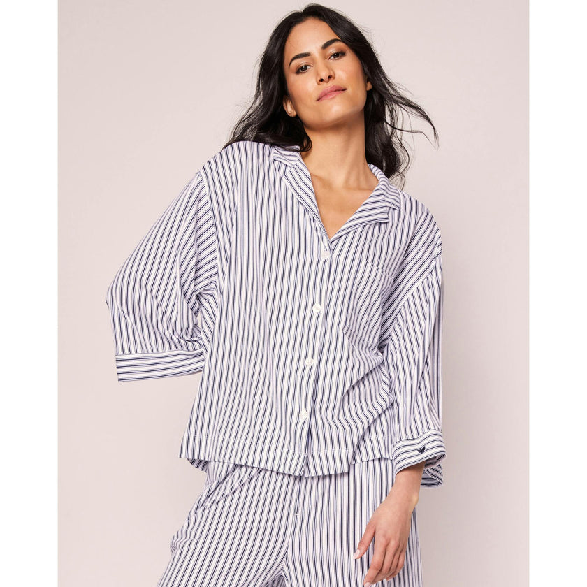 The Olivia Wide Leg Pima Pajama Set in Navy French Ticking