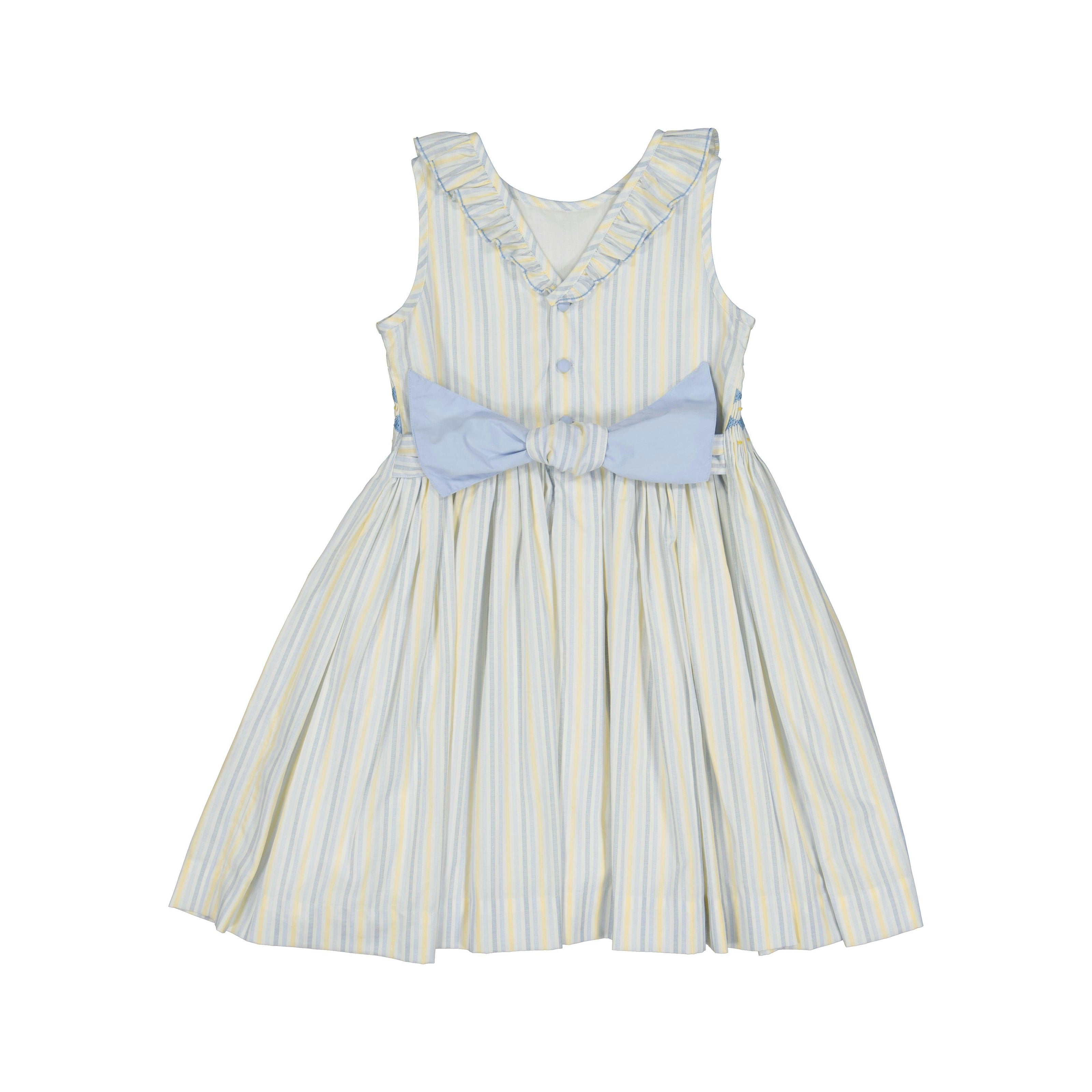 Capucine Blue Yellow Stripe Sleeveless Smocked Dress