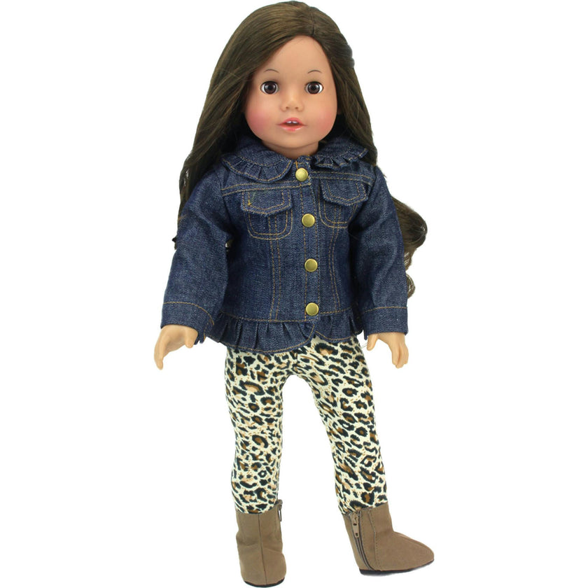 Sophia’s Jean Jacket, Cheetah Print Leggings, and Brown Faux Suede Booties for 18" Dolls