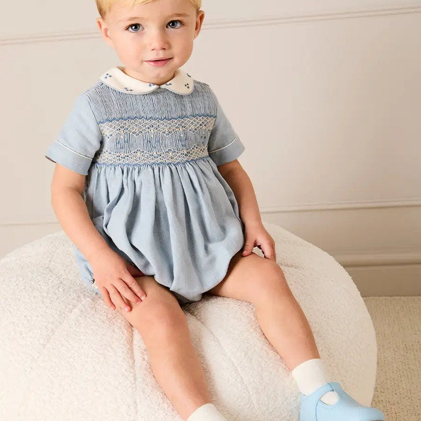 Hand Smocked Peter Pan Collar Short Sleeve Romper in Sky Blue (3mths-2yrs)