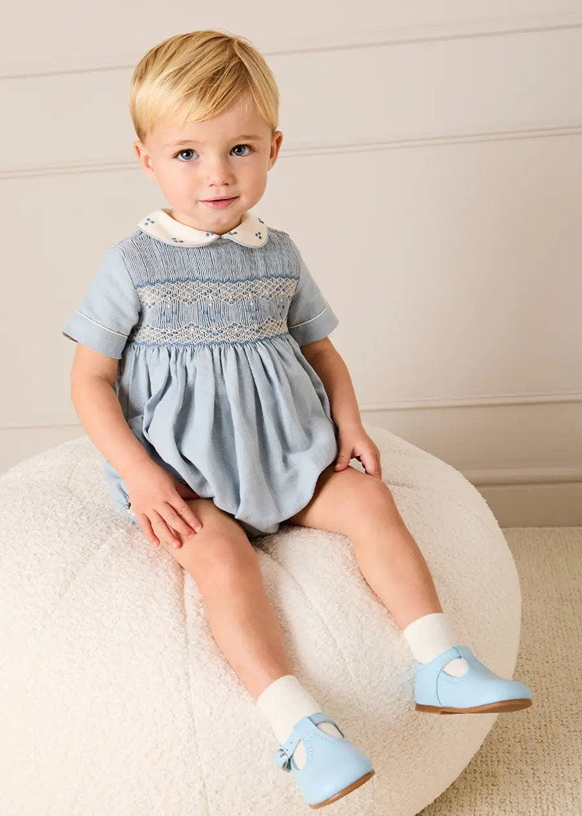Hand Smocked Peter Pan Collar Short Sleeve Romper in Sky Blue (3mths-2yrs)