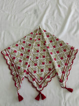Embroidered Scalloped Scarf with Tassel Red Floral Print