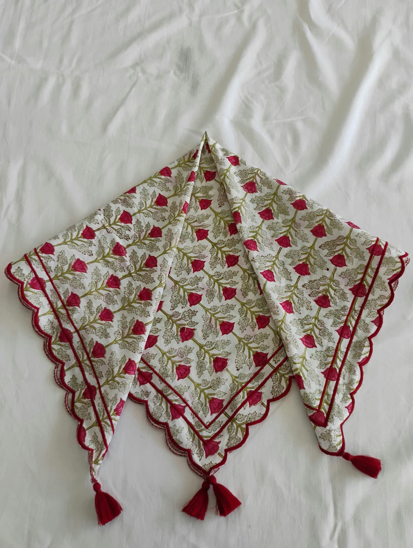 Embroidered Scalloped Scarf with Tassel Red Floral Print