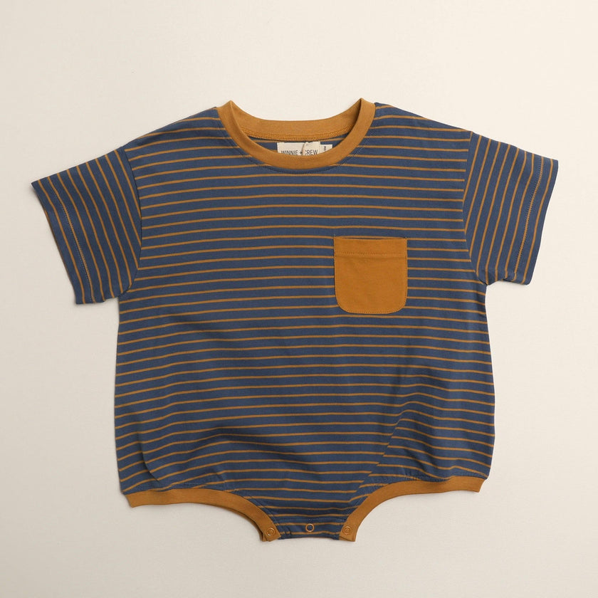 Cory Pocket Romper in Thin Stone Blue Mustard Stripe