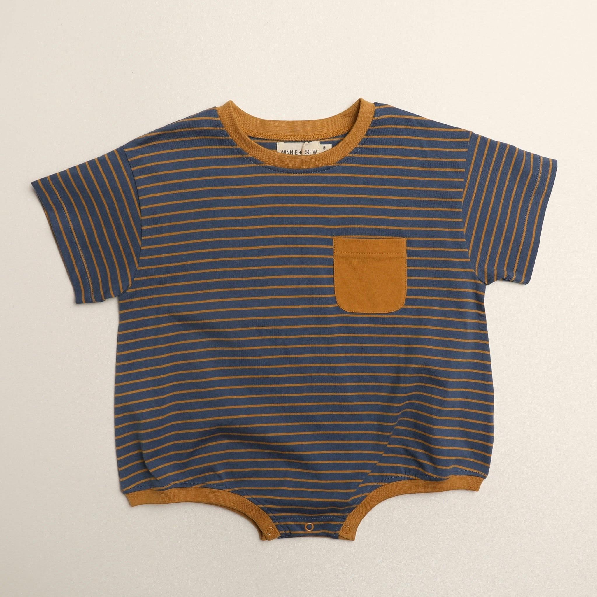 Cory Pocket Romper in Thin Stone Blue Mustard Stripe