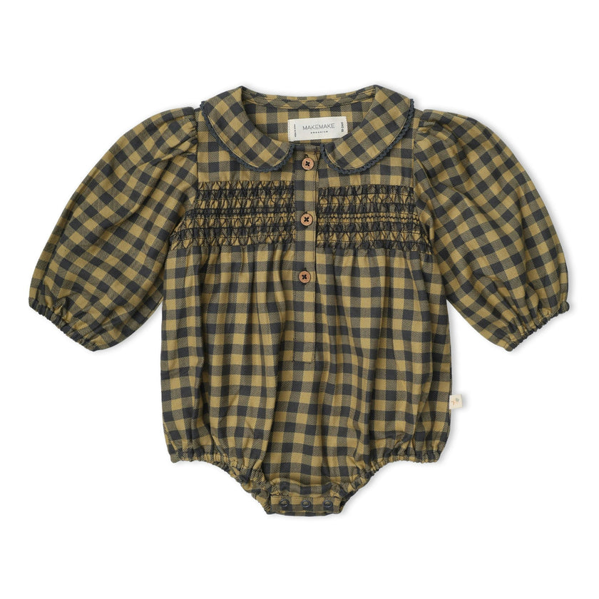 Organic Smocked Long Sleeve Bubble Romper - Olive Gingham