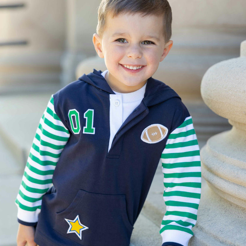 Hooded Knit Shirt with Varsity Football Motifs