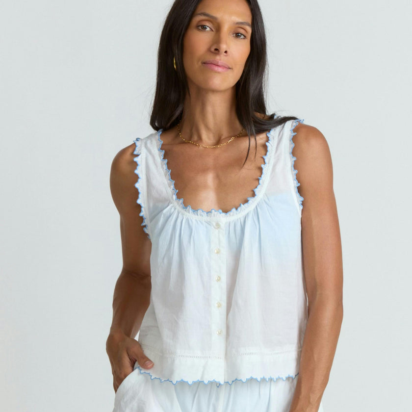 women's white scalloped button up tank