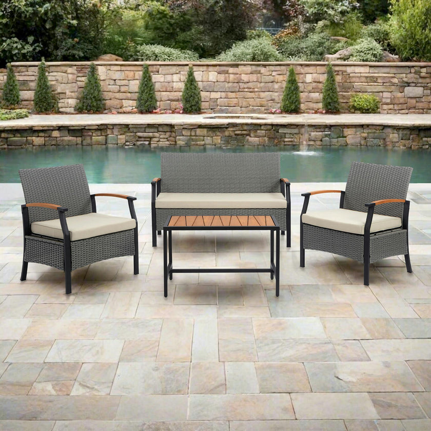 Teamson Home Wooden Armrests Outdoor Patio Furniture Conversation Set with Rattan Wicker Look
