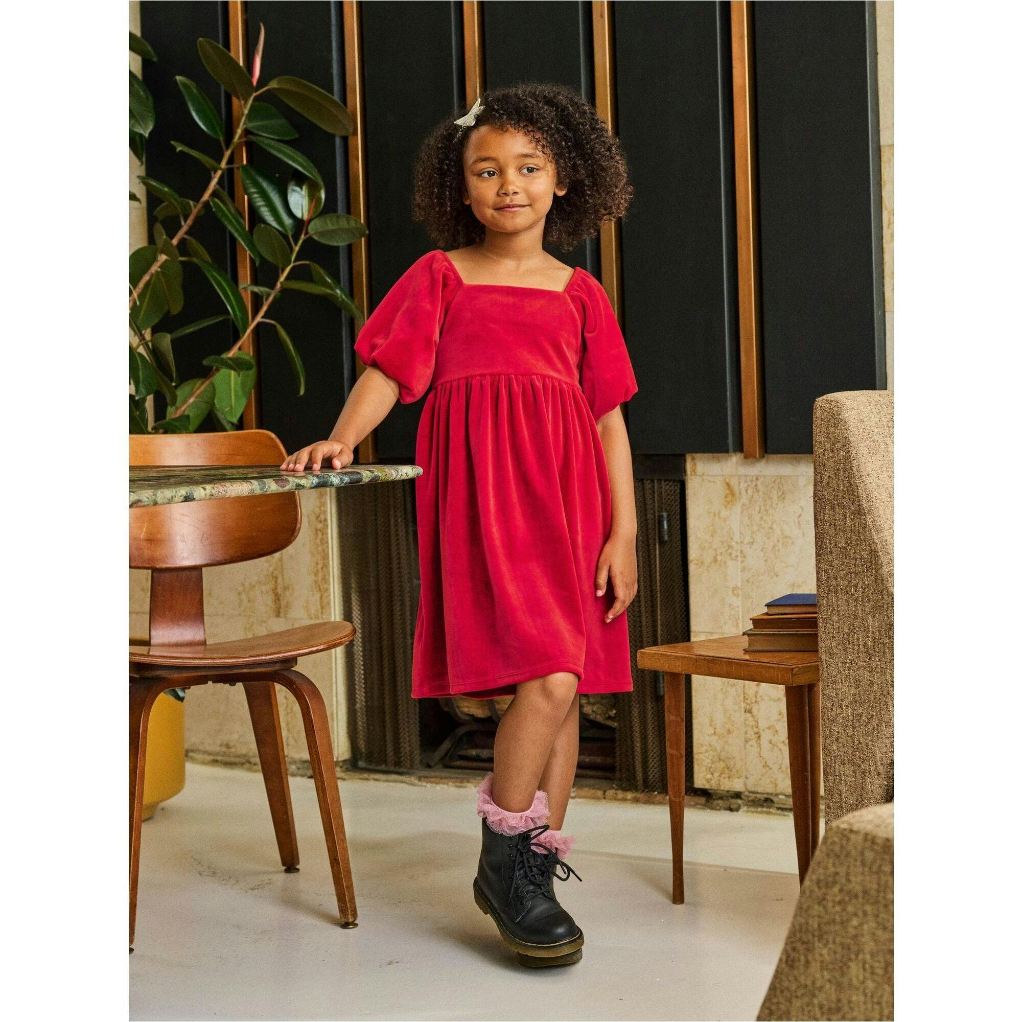 Puff Shoulder Velour Dress, Red