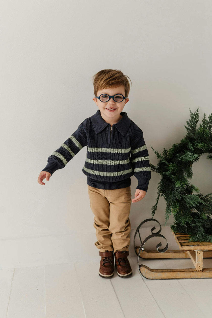 Boys Striped Zip Up Sweater in Evergreen Stripe