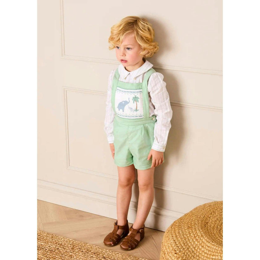 Elephant Embroidered Smocked Dungarees in Sage Green (18mths-4yrs)
