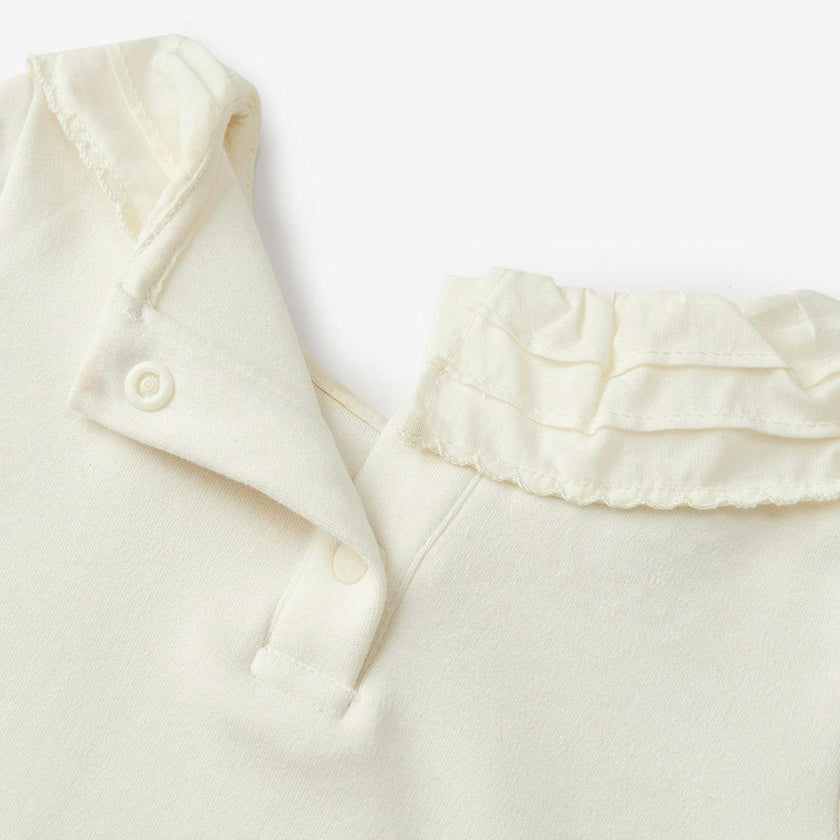 White Brushed Ruffled Collar Long Sleeve One Piece