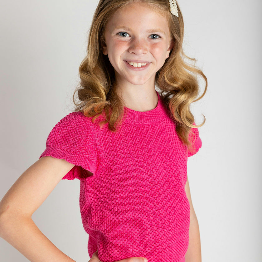 Short Sleeve Sweater With Scallop Edges