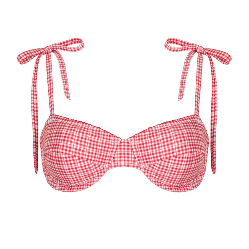 women's poppy gingham cup bikini top with tie straps