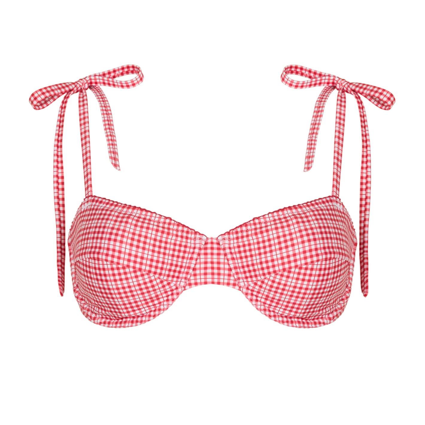 women's poppy gingham cup bikini top with tie straps