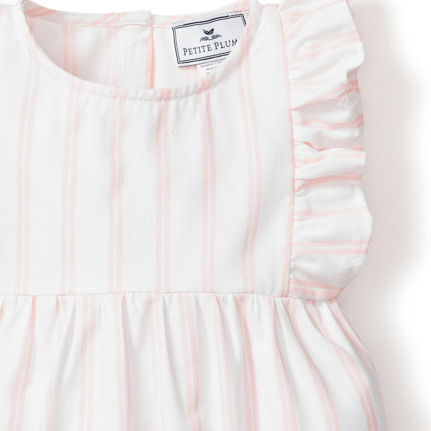 Baby's Twill Stripe Ruffled Romper in Pink and White Stripe