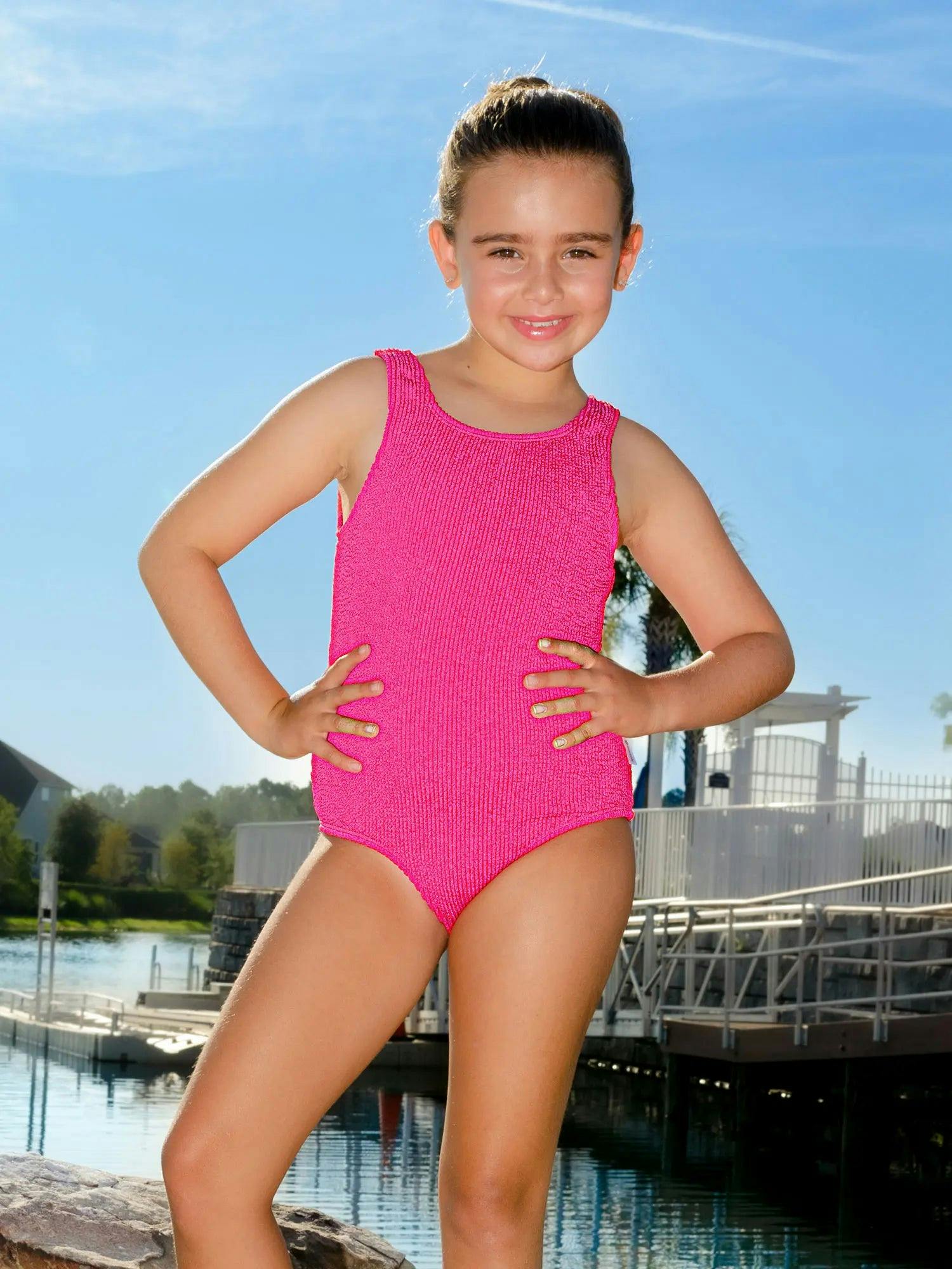 Girls Crinkle One Piece Swimsuit – Lipstick Pink