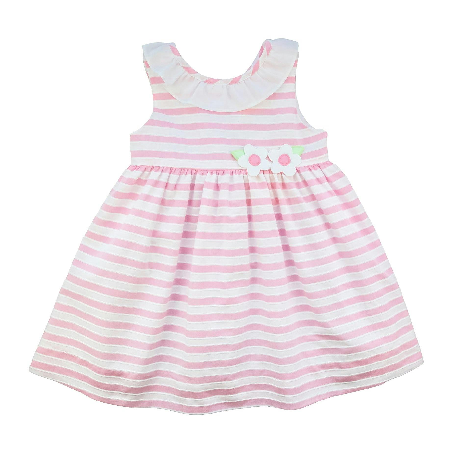Pink Stripe Dress with Flower and Ruffle Neck