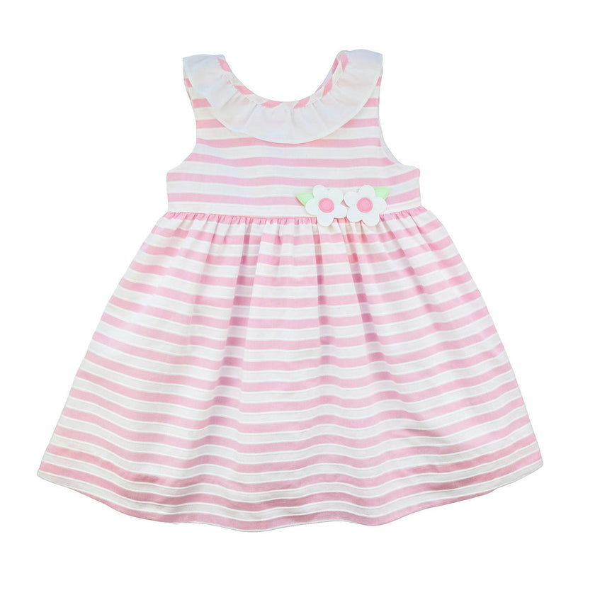Pink Stripe Dress with Flower and Ruffle Neck