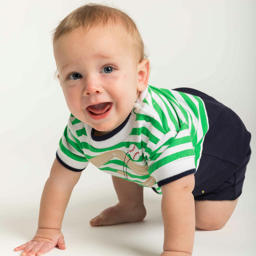 Stripe Knit Shortall With Baseball Field