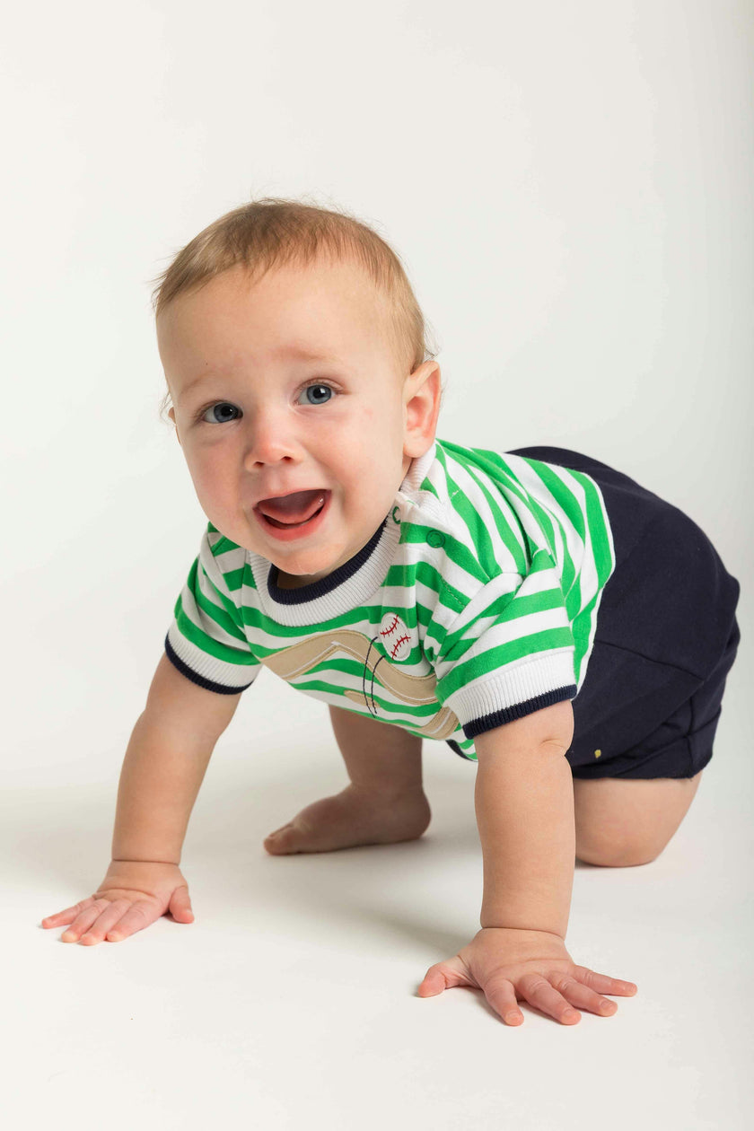 Stripe Knit Shortall With Baseball Field