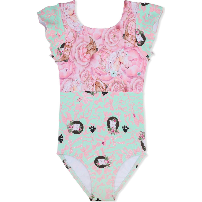 Two Tone Flutter Sleeve Leotard Western and Kitty Bows, Pink
