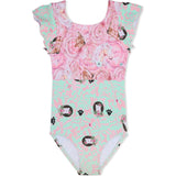 Two Tone Flutter Sleeve Leotard Western and Kitty Bows, Pink