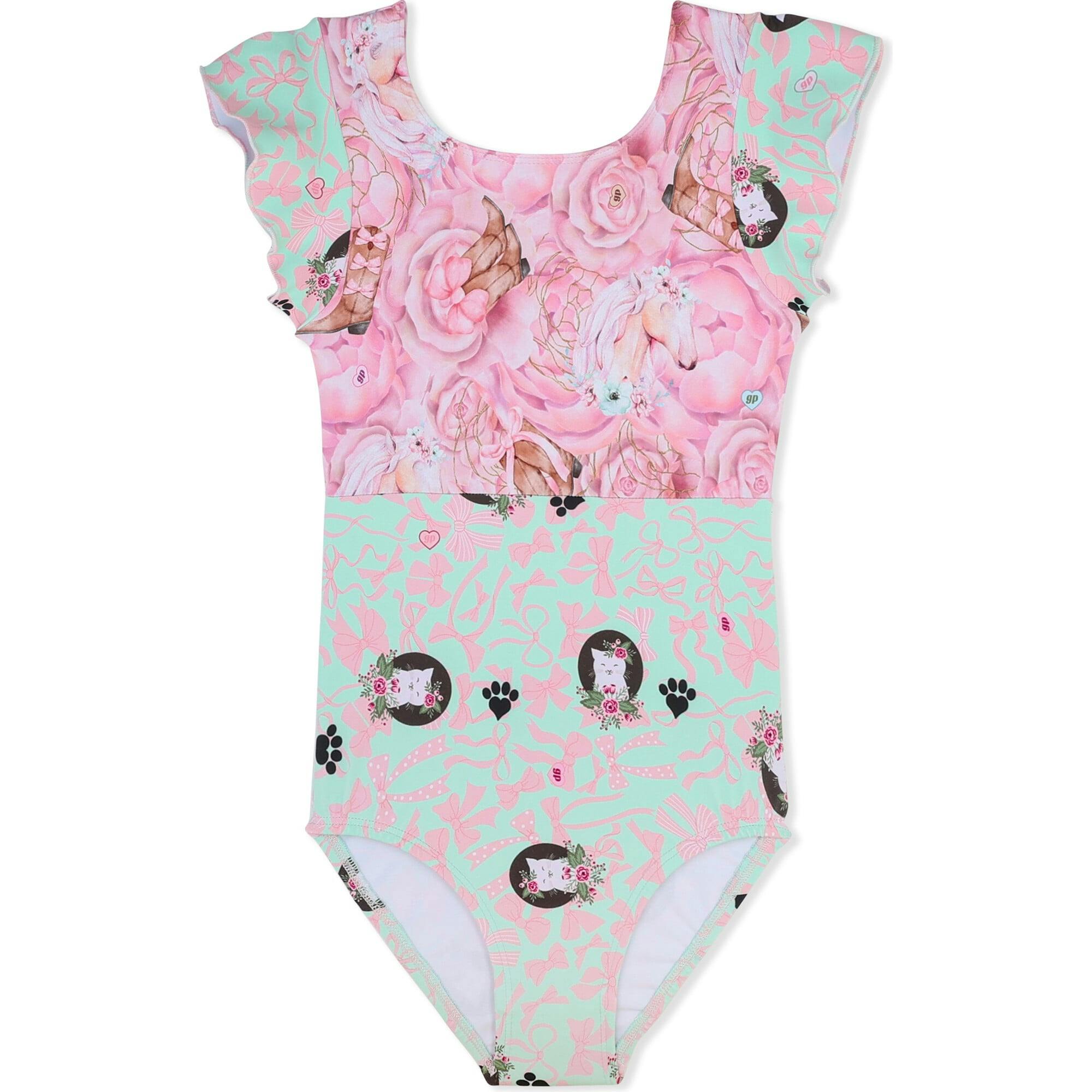 Two Tone Flutter Sleeve Leotard Western and Kitty Bows, Pink