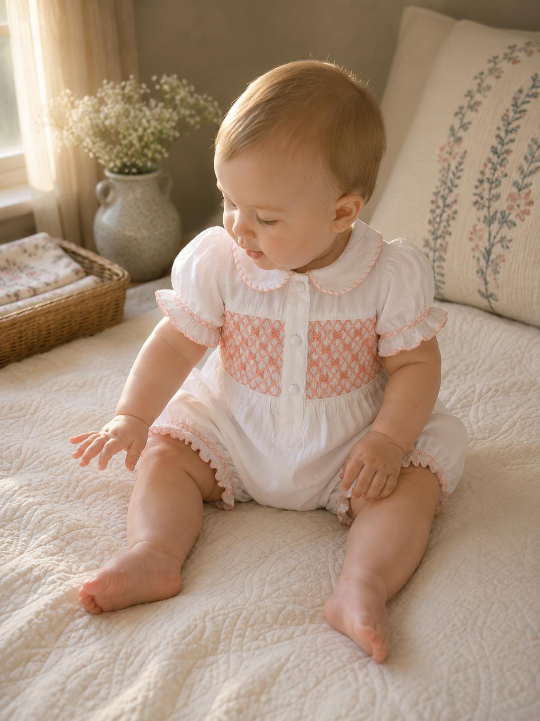 Camellia Smocked Romper | Heirloom Peach