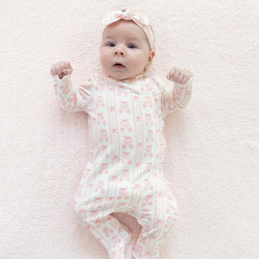 Ballet Shoes Ribbon Stripe - Kimono Ruffle Snap Footie