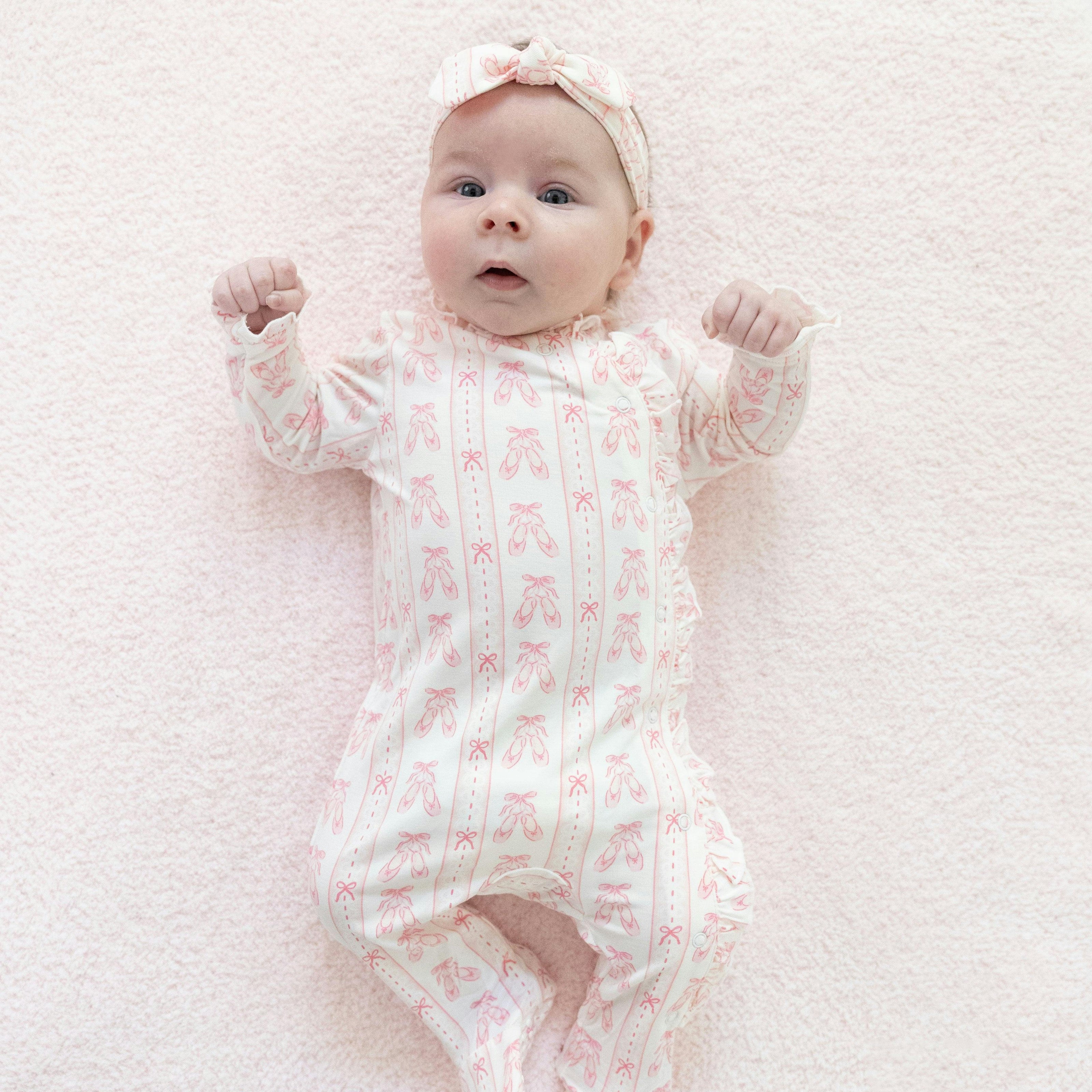Ballet Shoes Ribbon Stripe - Kimono Ruffle Snap Footie