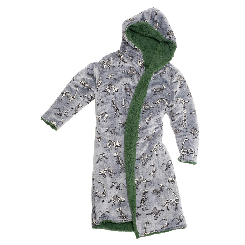Cozy Switch Robe – Reversible Glow-in-the-Dark & Sherpa Robe for Kids, Green Dino Bones