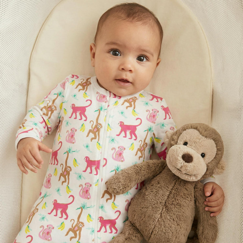 The Organic Zipper Footie [Monkeying Around Pink]