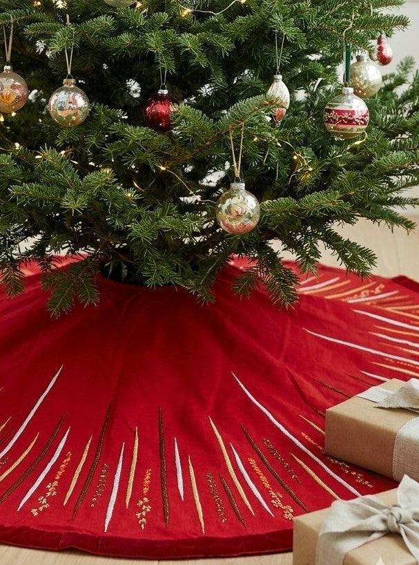 Hand Beaded Starburst Christmas Tree Skirt Red Silk - 60"