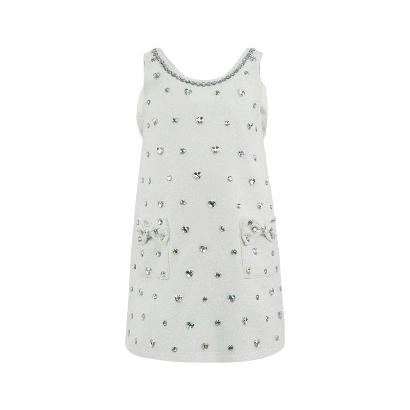 White Crystal Heart Denim Bow Dress