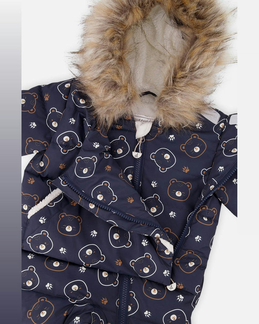 Baby Snug One Piece Snowsuit Adapted For Car Seats Blue Printed Teddy Bears