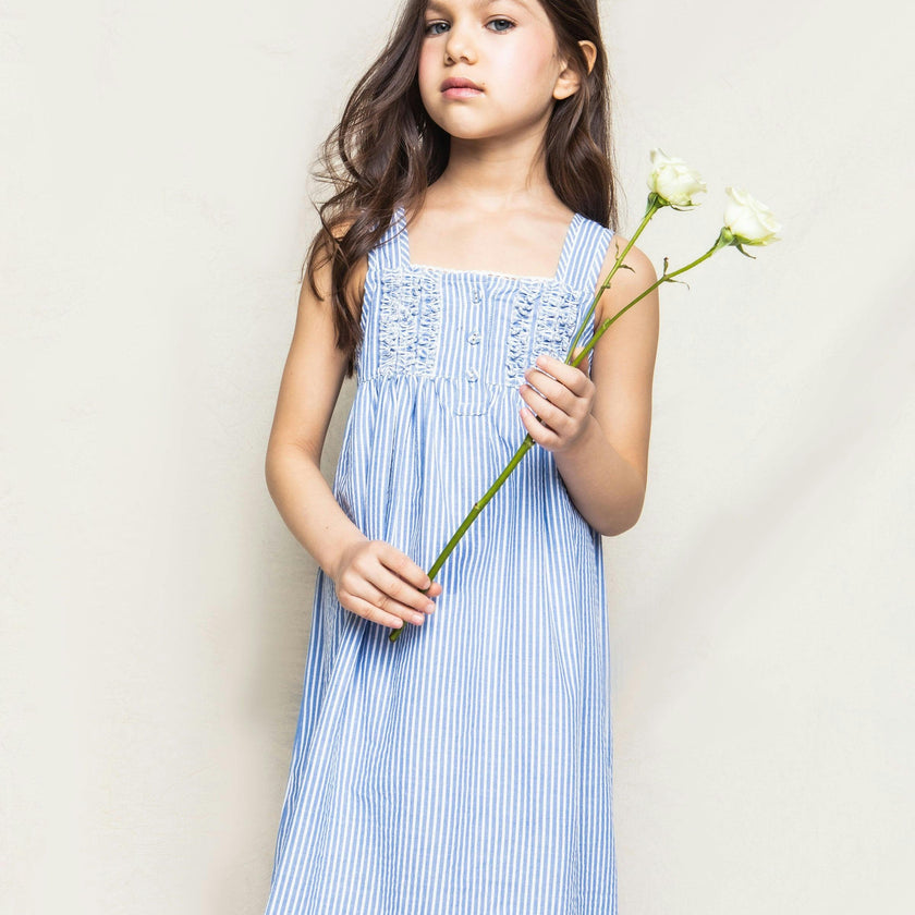 Girl's Twill Charlotte Nightgown in French Blue Stripes