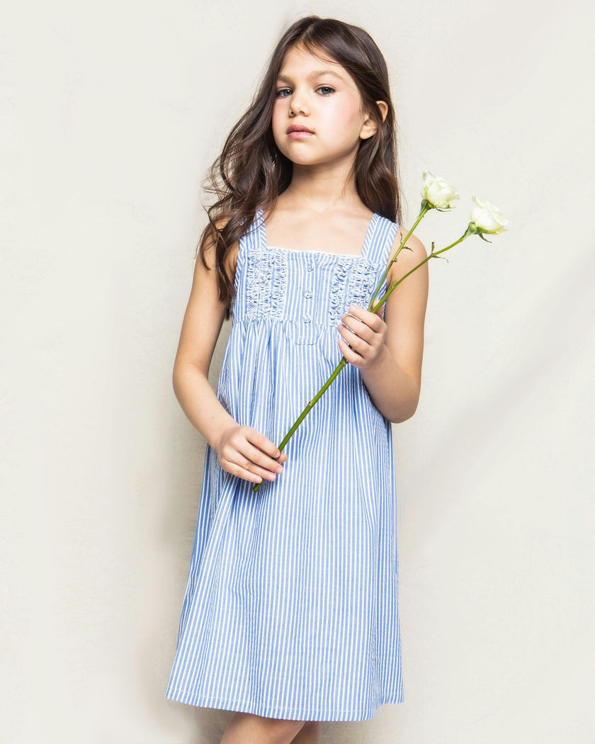Girl's Twill Charlotte Nightgown in French Blue Stripes
