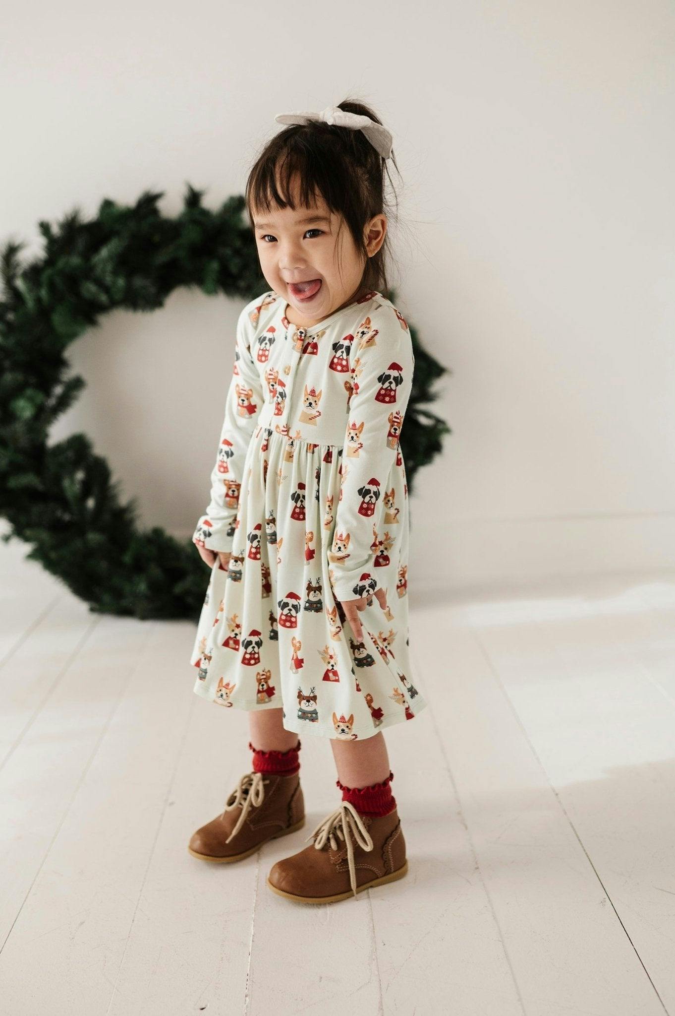 Long Sleeve Henley Dress Christmas Dogs