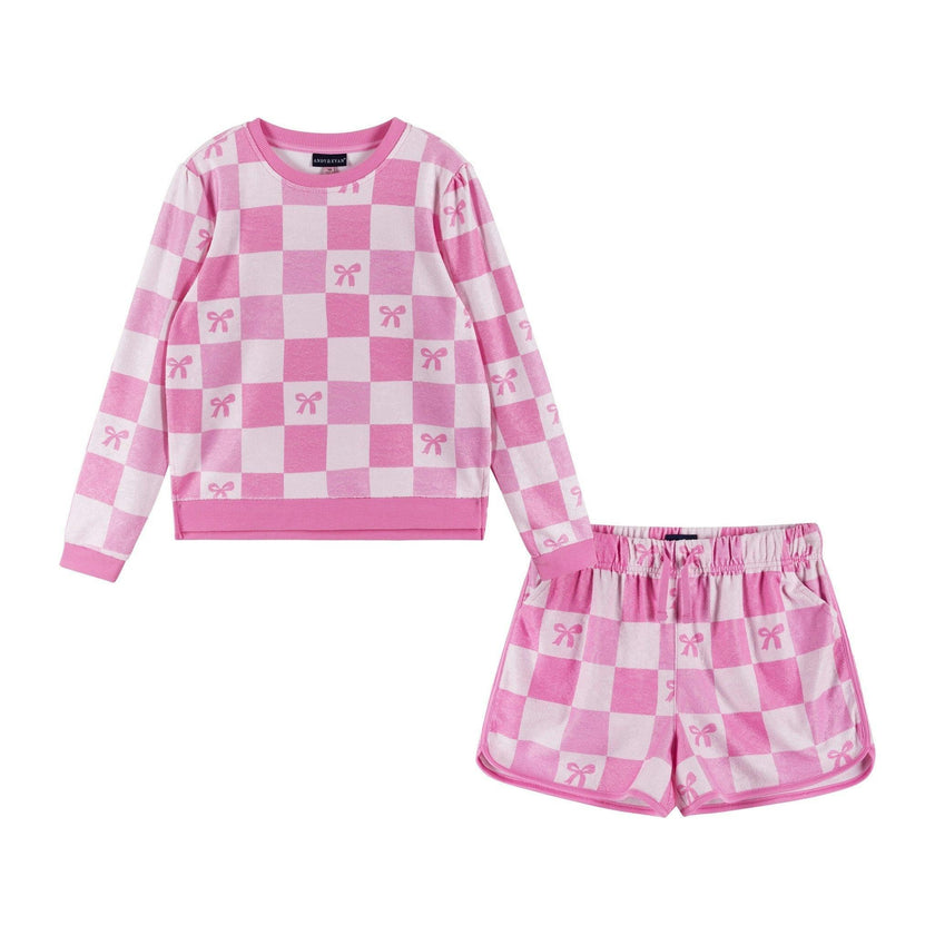 Tween Girls Terry Pull-Over & Short Set | Checkered Bow