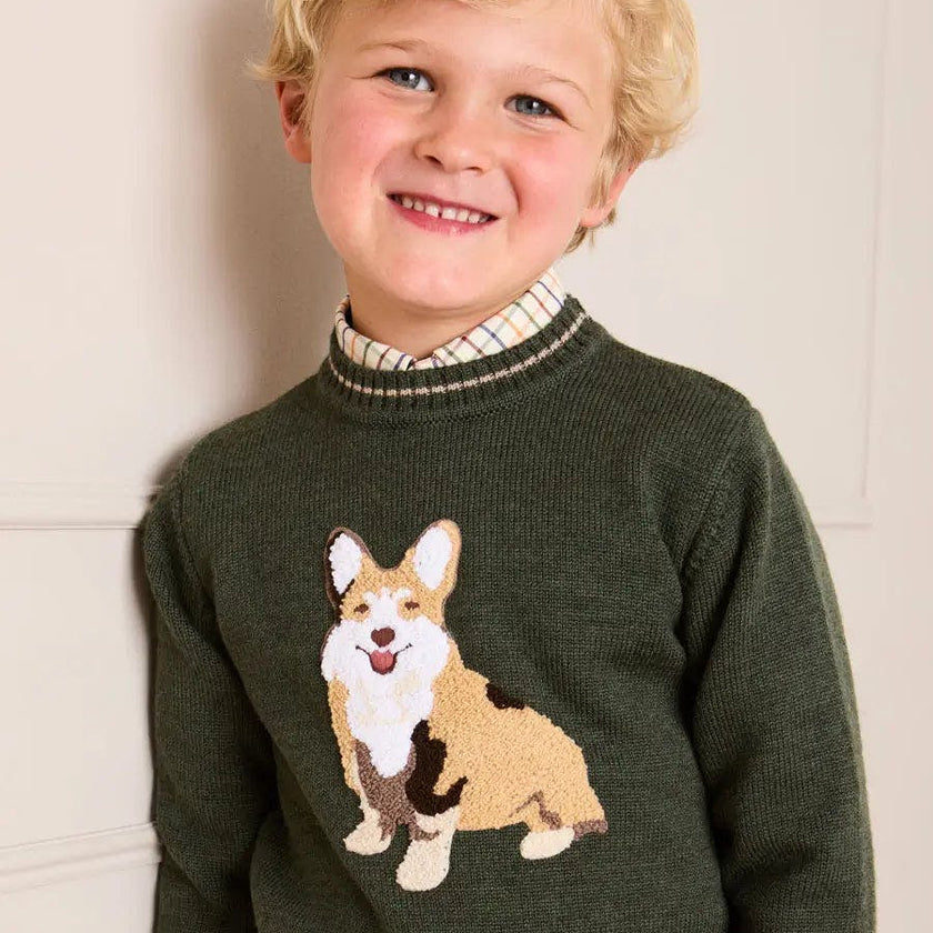 Corgi Embroidered Button Detail Jumper in Green (18mths-10yrs)