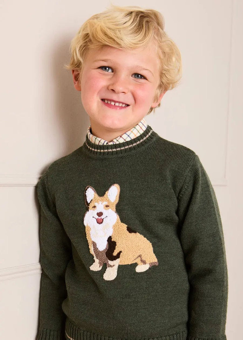 Corgi Embroidered Button Detail Jumper in Green (18mths-10yrs)