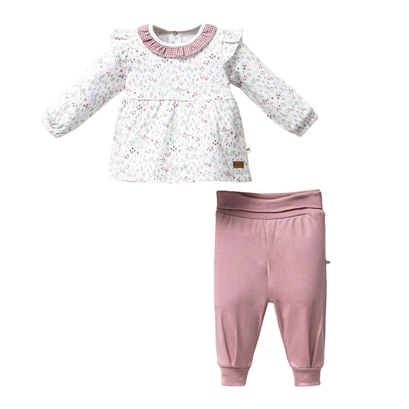 Pink Flower Neckline Ruffle Outfit