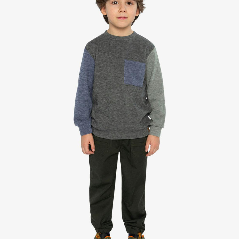 Colorblock Brushed Jersey Top with Chest Pocket Grey Brown