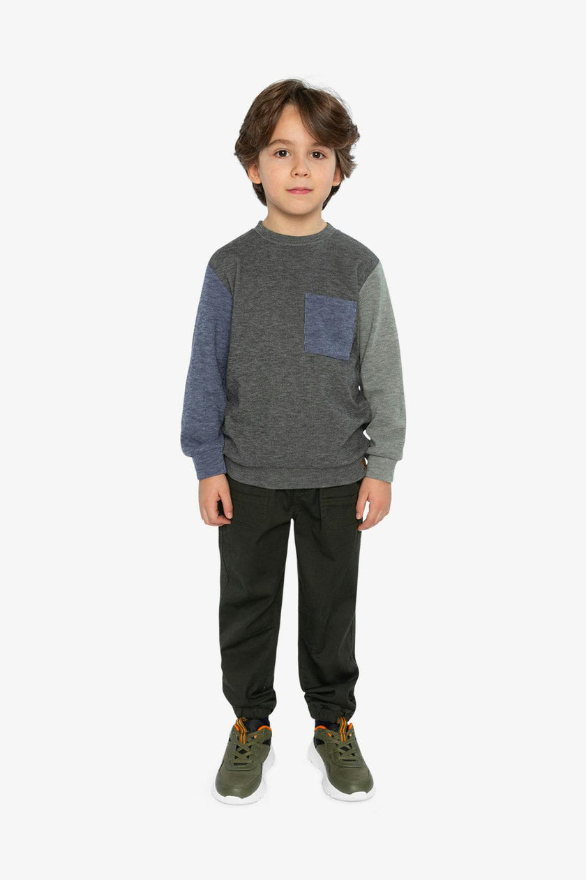 Colorblock Brushed Jersey Top with Chest Pocket Grey Brown