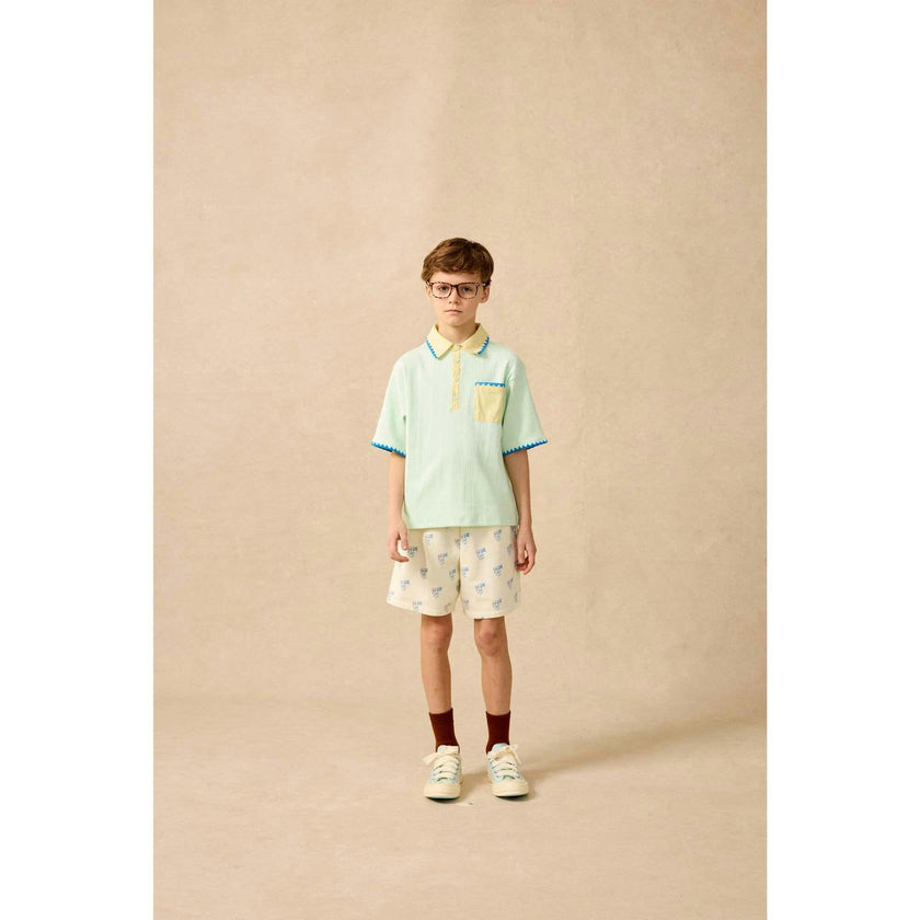 Organic Embroidered Knit Polo in Frosty Jade