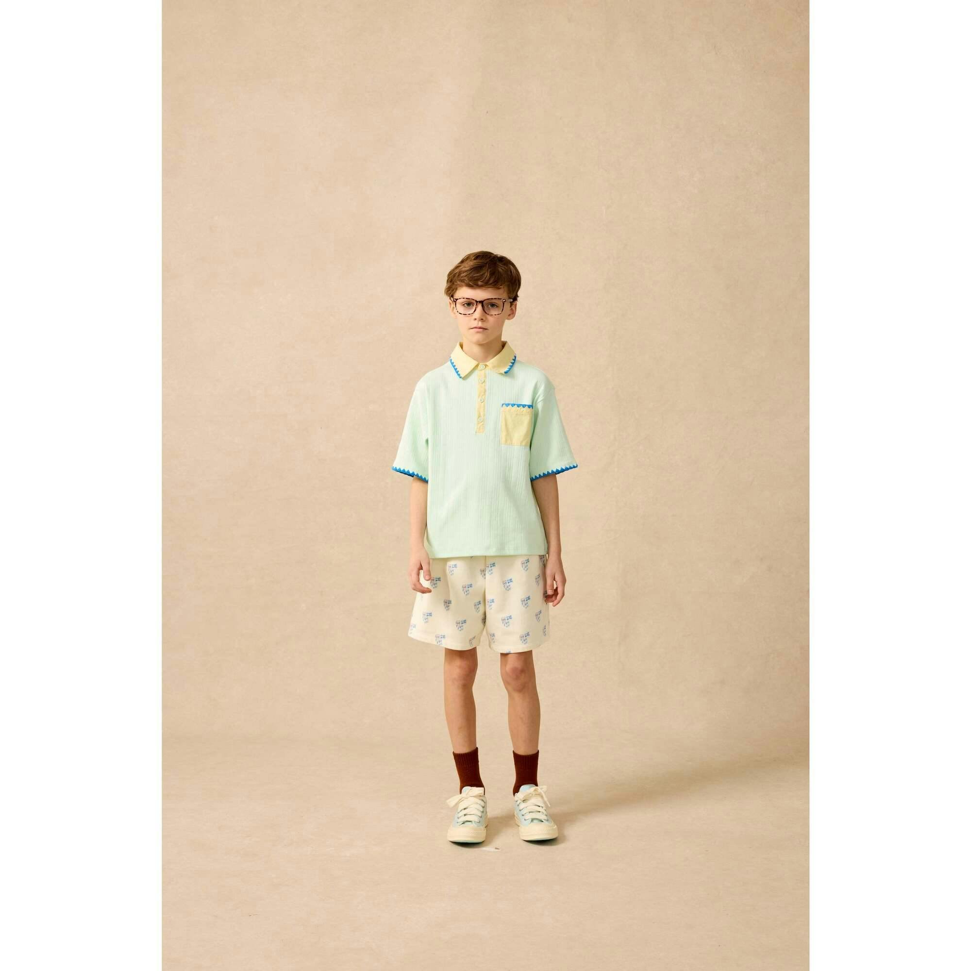 Organic Embroidered Knit Polo in Frosty Jade